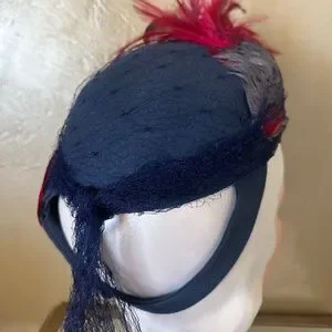 SMART 1930s\' DARK COBALT BLUE FELT HAT + BLUE/RED/BURGUNDY FEATHERS & NAVY VEIL Accessories | Smart 193s Dark Cobalt Blue Felt Hat  main image 2